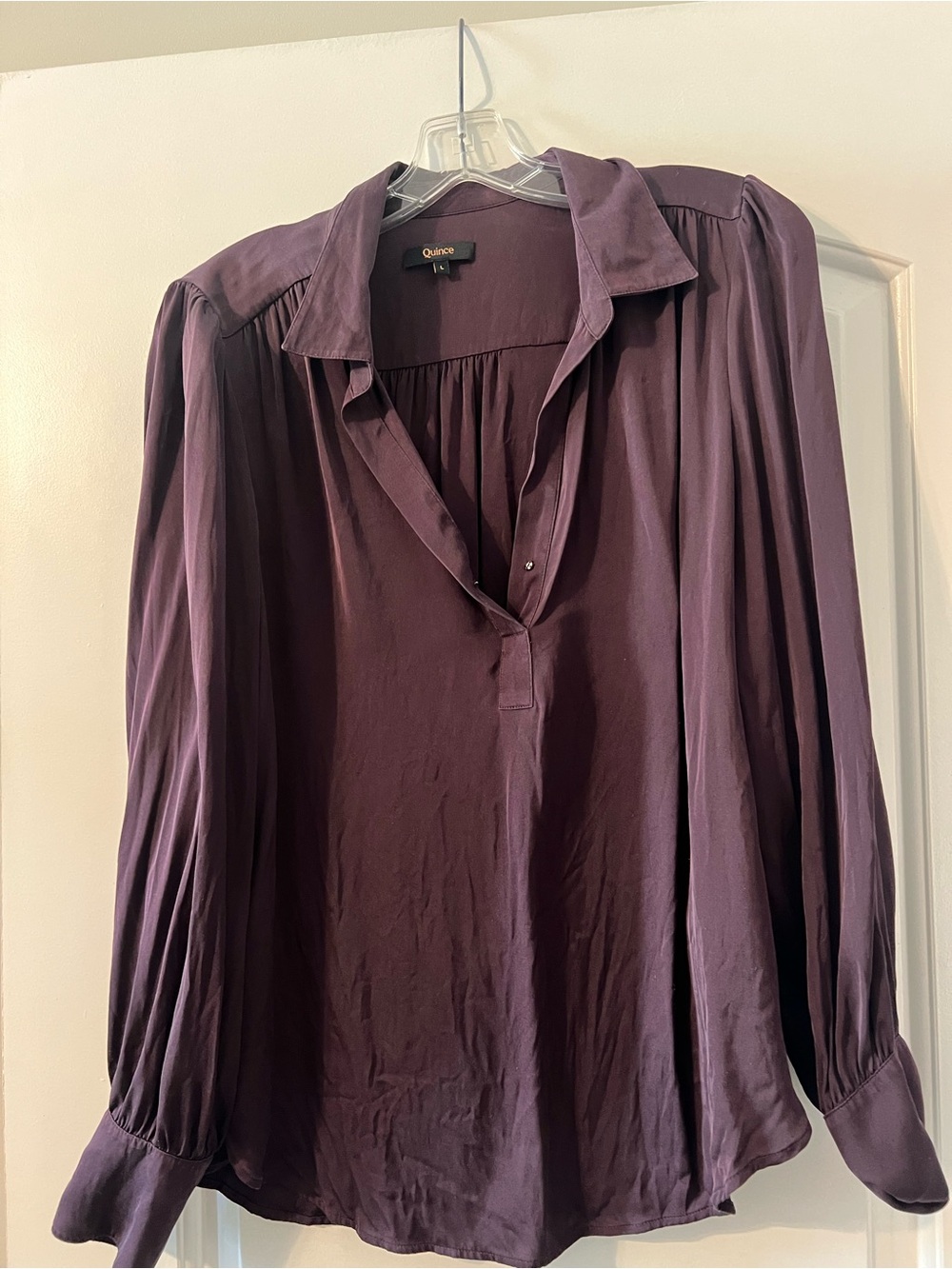 Quince Washable Stretch Silk Split Neck Blouse Sz L Deep Orchid